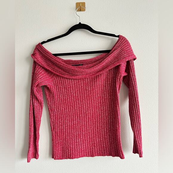 Y2K Women's Off-Shoulder Ribbed Sweater Red and Silver Size Small - Picture 1 of 5